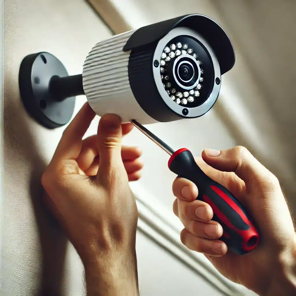 A hand reaching towards a smart camera with a screwdriver.