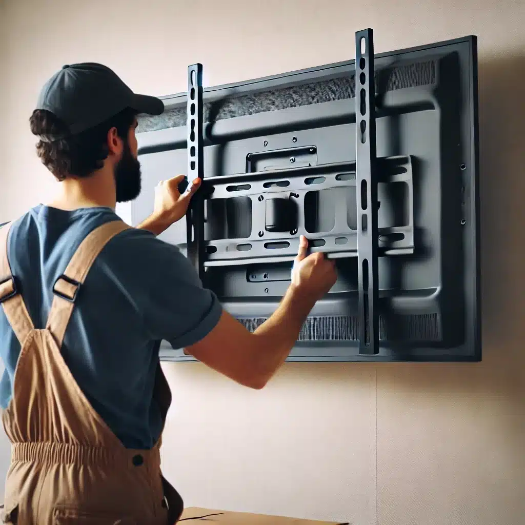 A person working and lifting up a wallmount.