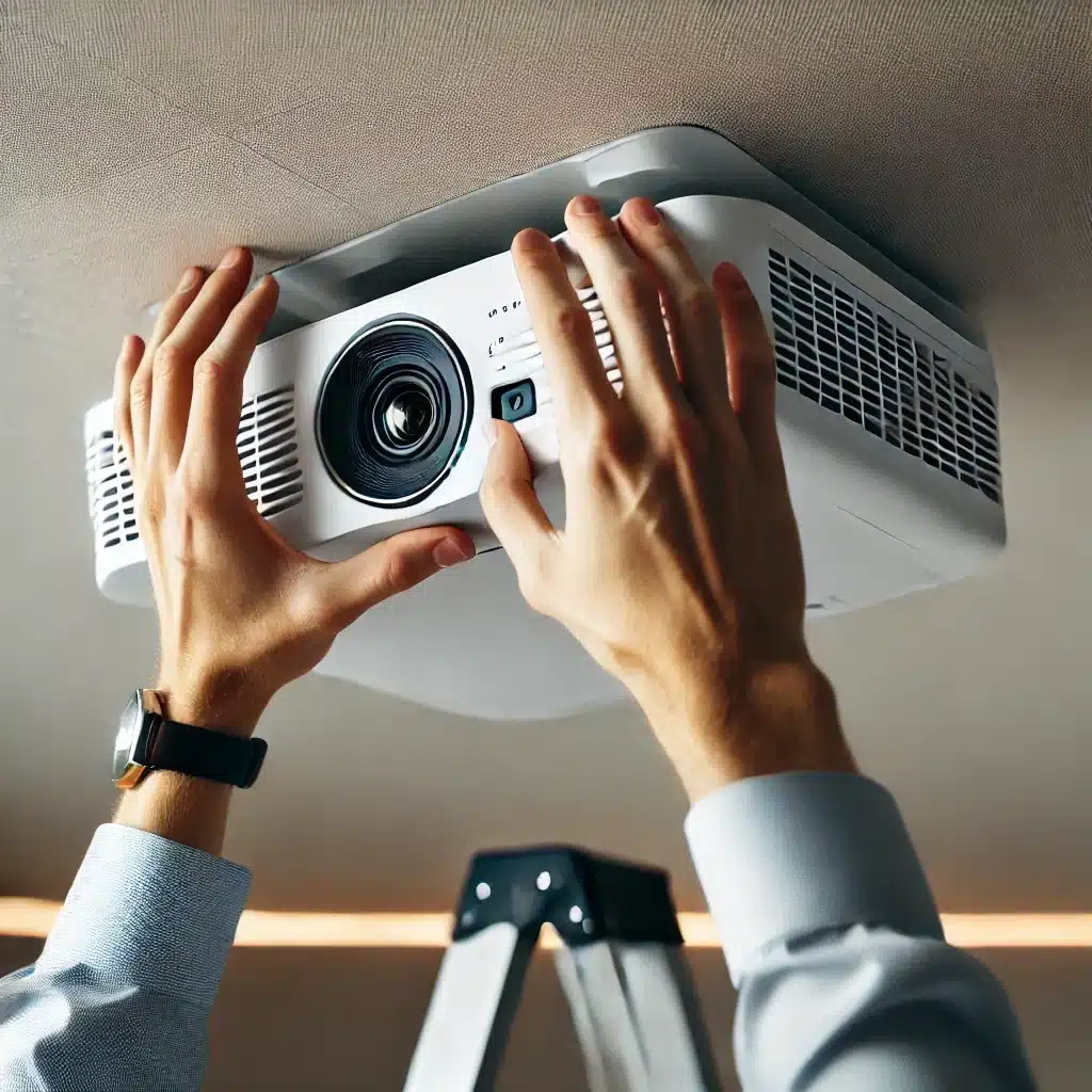 A hand reaching for a projector on the ceiling.