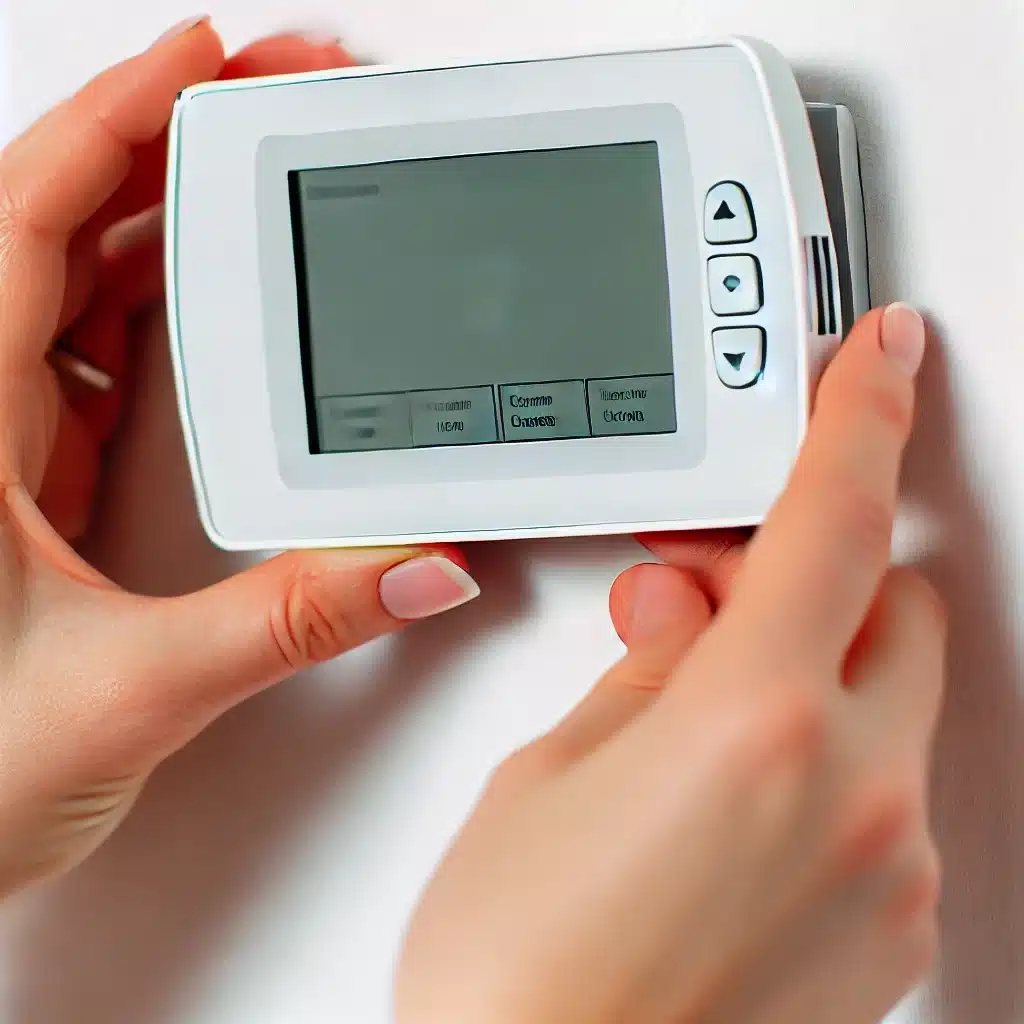 A hand reaching for a Smart Thermostat.