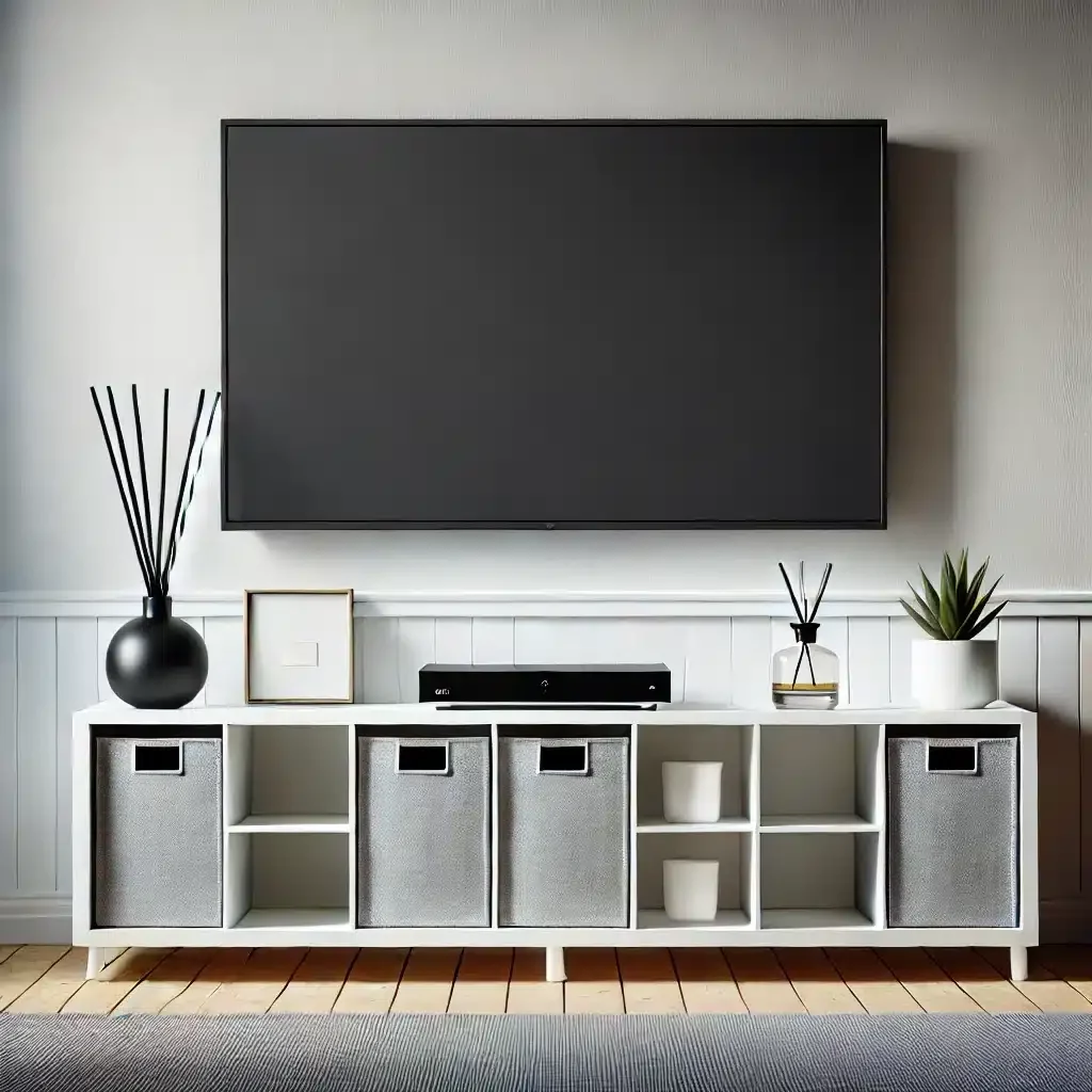 A beautiful view with a wall-mounted TV in the living room, with the tv straight ahead.